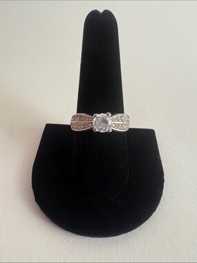 18K EGP Crystal Engagement Ring Silver Tone Pave White Stone